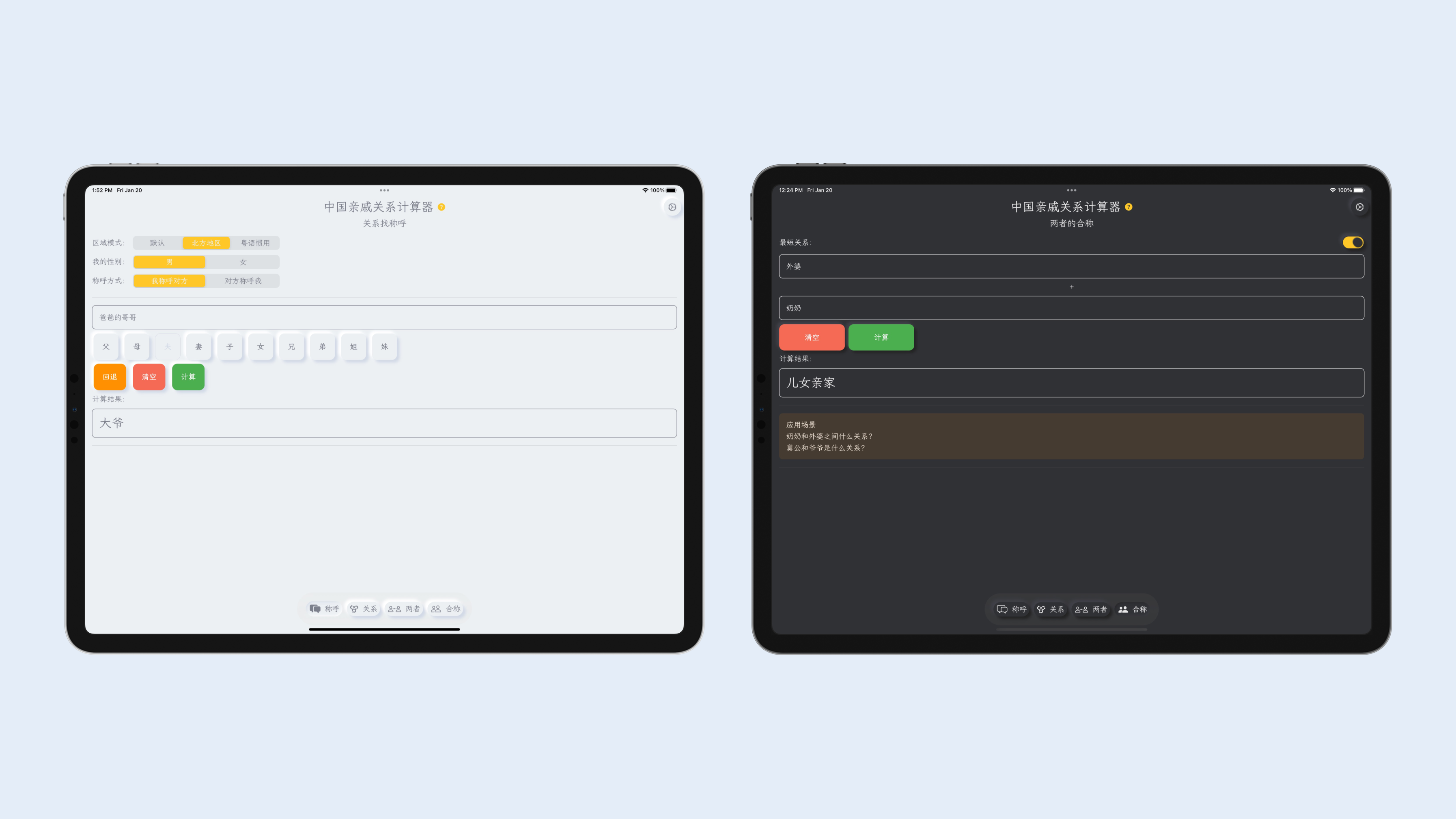 iPad：亲戚关系计算器的浅色与深色界面