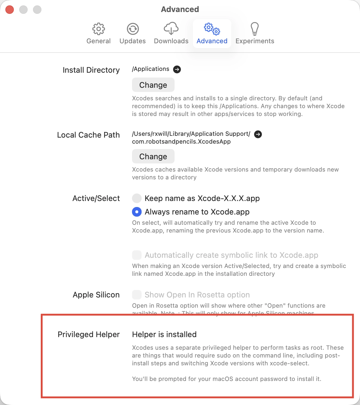 Xcodes Helper is not installed
