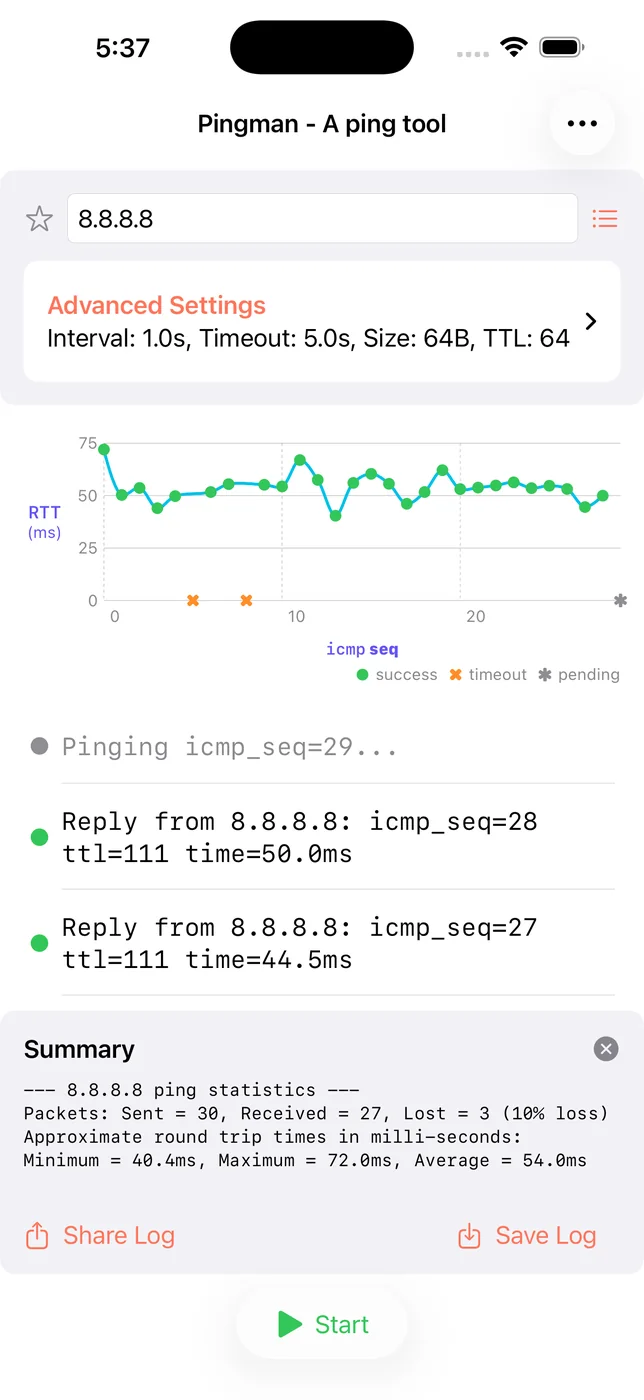 iPhone：对 8.8.8.8 的 Ping，上方是 RTT 曲线，下方是逐条回复与测试摘要