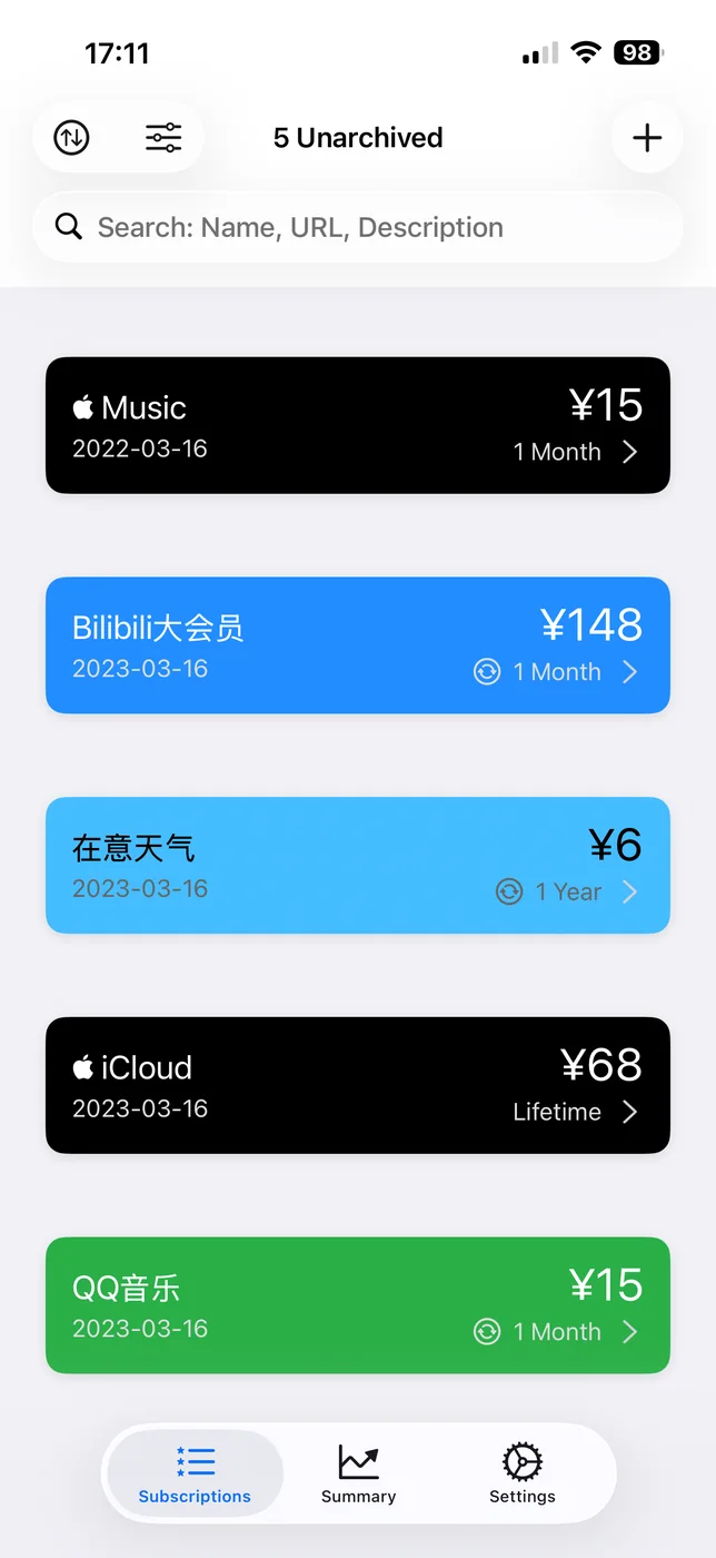 iPhone：订阅列表，每一项显示金额与计费周期