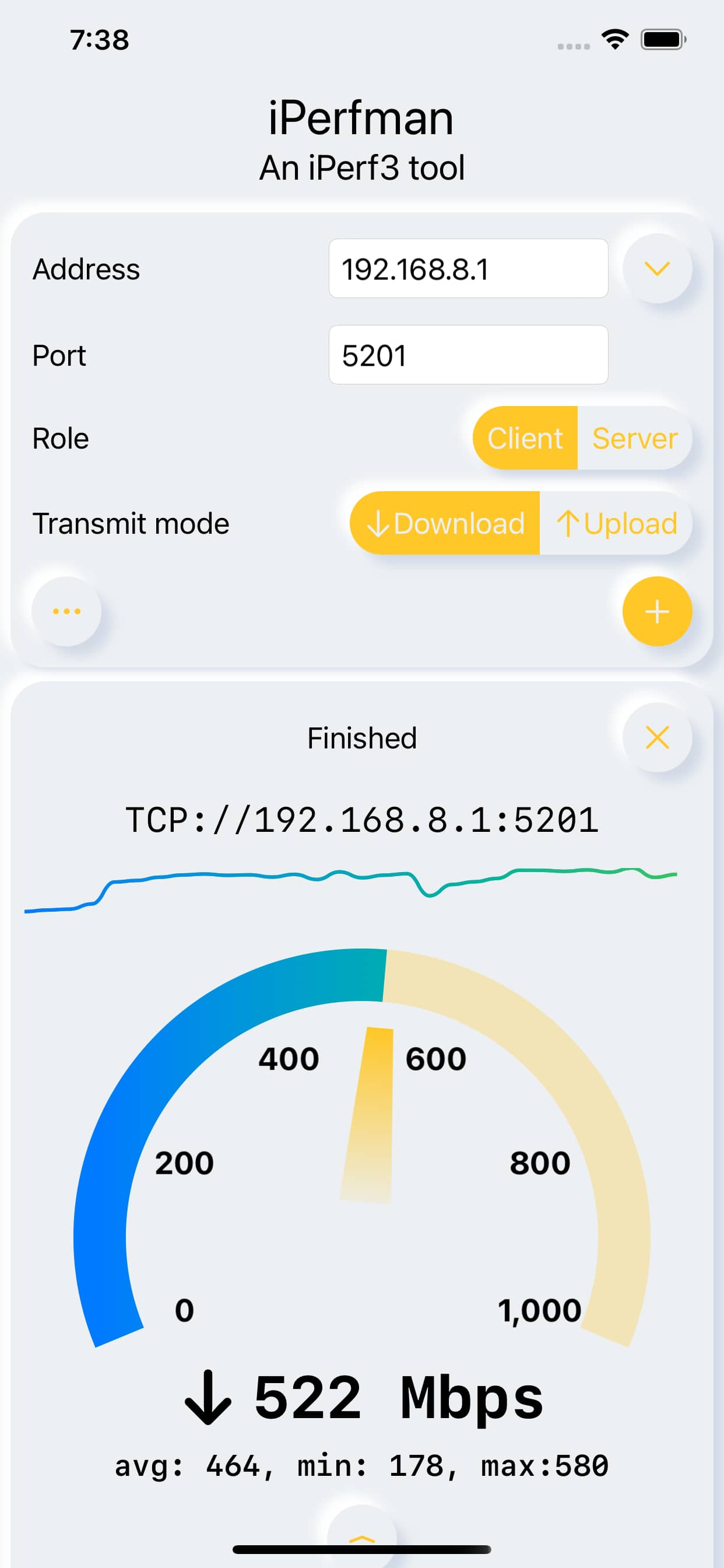 iPerfman 的 iPhone 界面：一次 TCP 下载测试结果