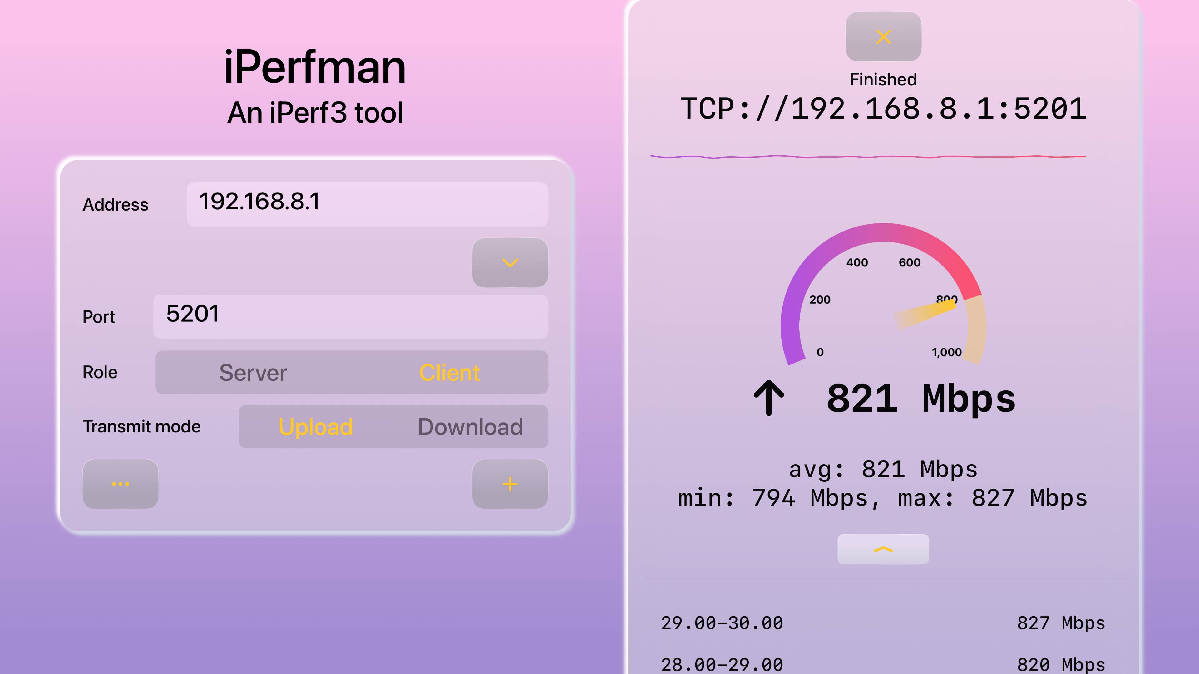 Apple TV：一次 TCP 上传测试，821 Mbps